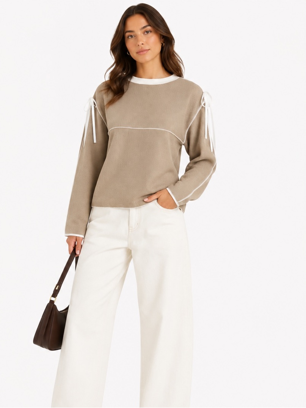 Crewneck Tie-Shoulder Sweater in Taupe
